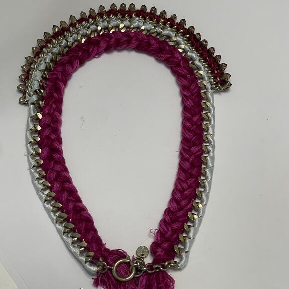 LOFT Ann Taylor statement necklace bohemian boho raspberry pink gray gold tone - Picture 5 of 15
